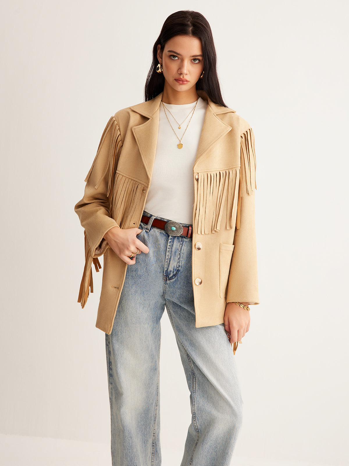 Boheme Luxe Suede Blazer with Tassels – Elegant Women’s Blazer with Light Stretch