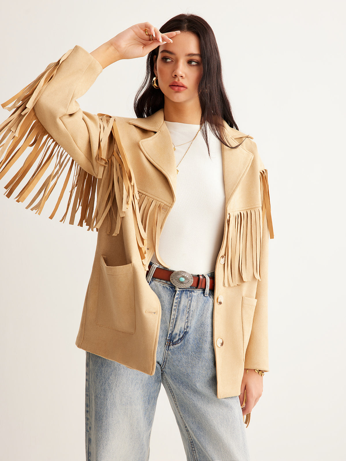 Boheme Luxe Suede Blazer with Tassels – Elegant Women’s Blazer with Light Stretch
