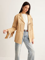 Boheme Luxe Suede Blazer with Tassels – Elegant Women’s Blazer with Light Stretch