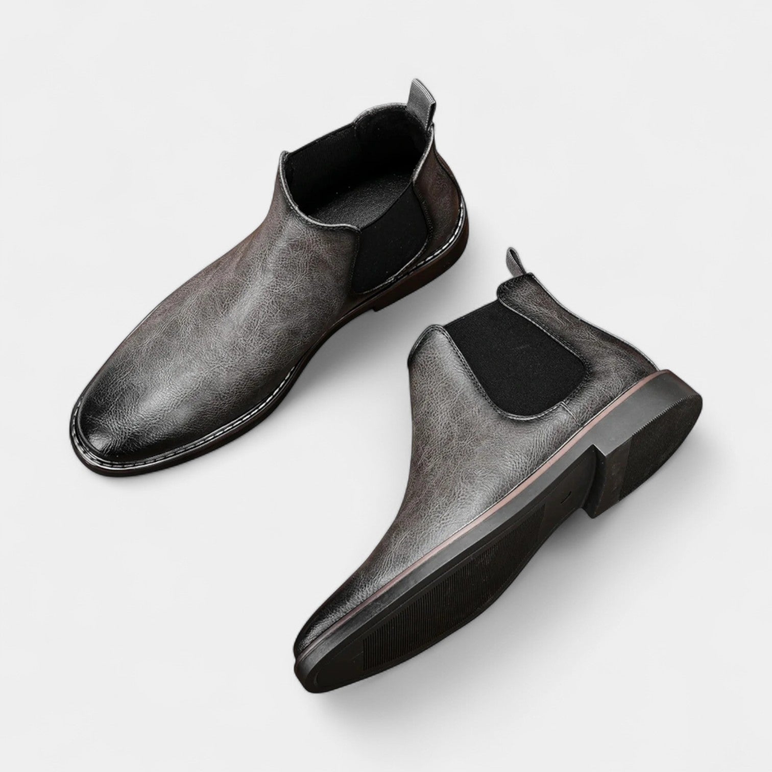 Men's Leather Chelsea Boots with Rounded Toe and Low Block Heel