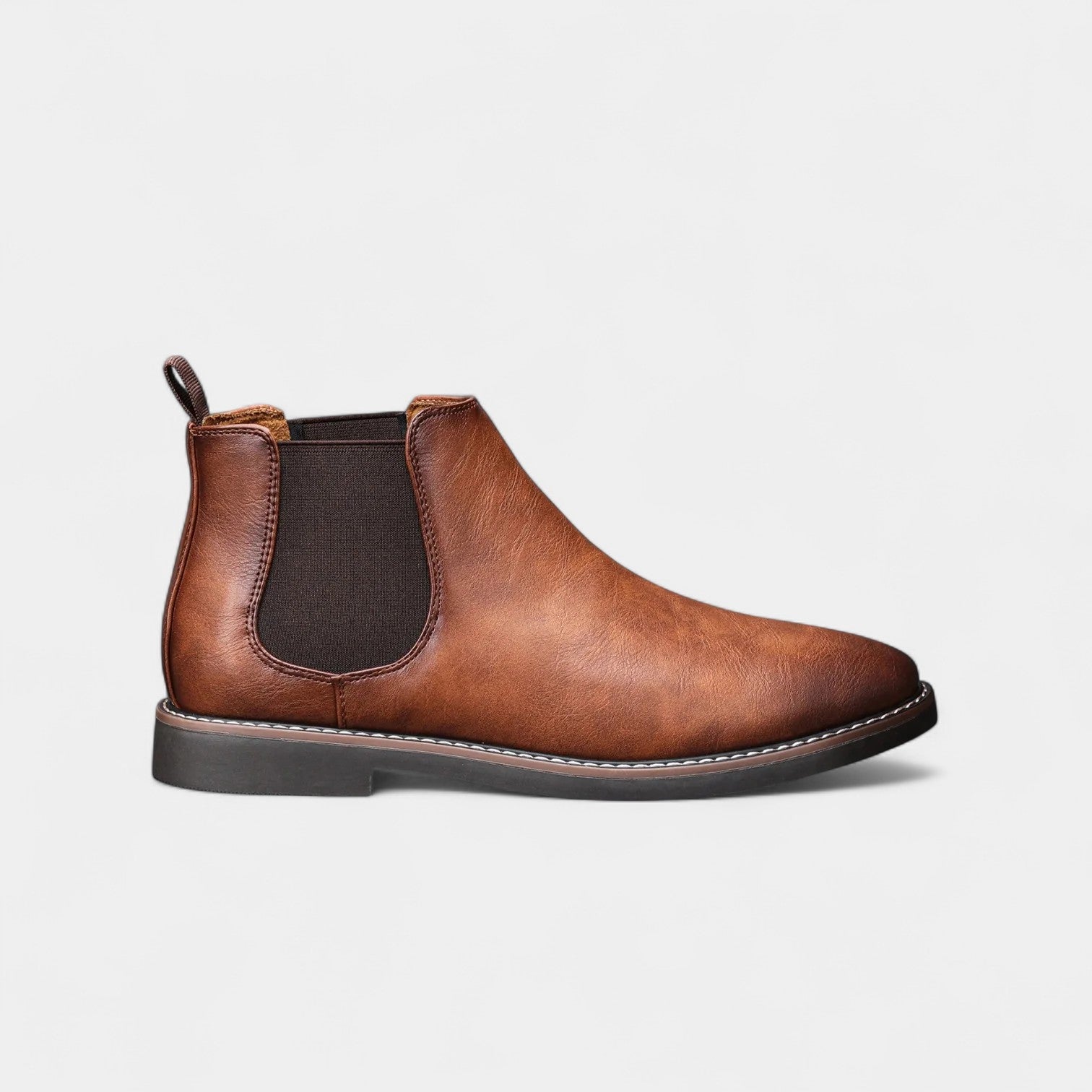 Men's Leather Chelsea Boots with Rounded Toe and Low Block Heel