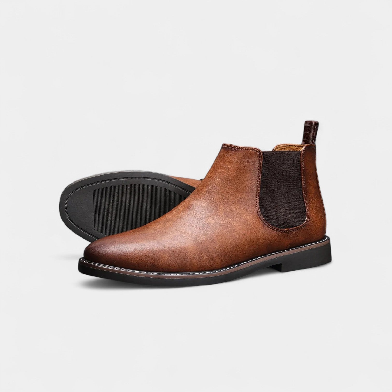 Men's Leather Chelsea Boots with Rounded Toe and Low Block Heel