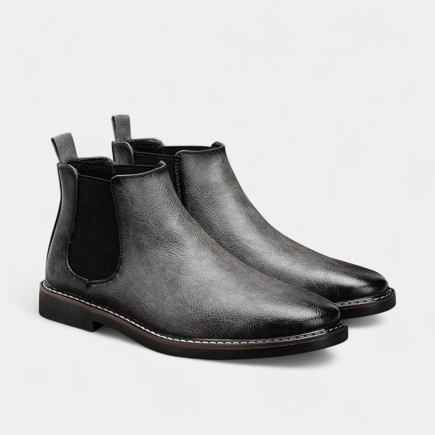 Men's Leather Chelsea Boots with Rounded Toe and Low Block Heel