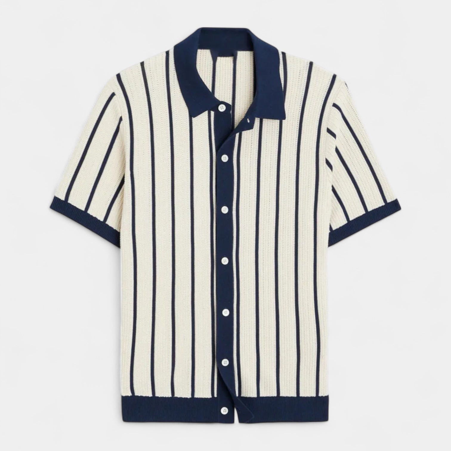 Men's Short-Sleeve Knitted Polo with Vertical Rib Texture and Buttoned Placket