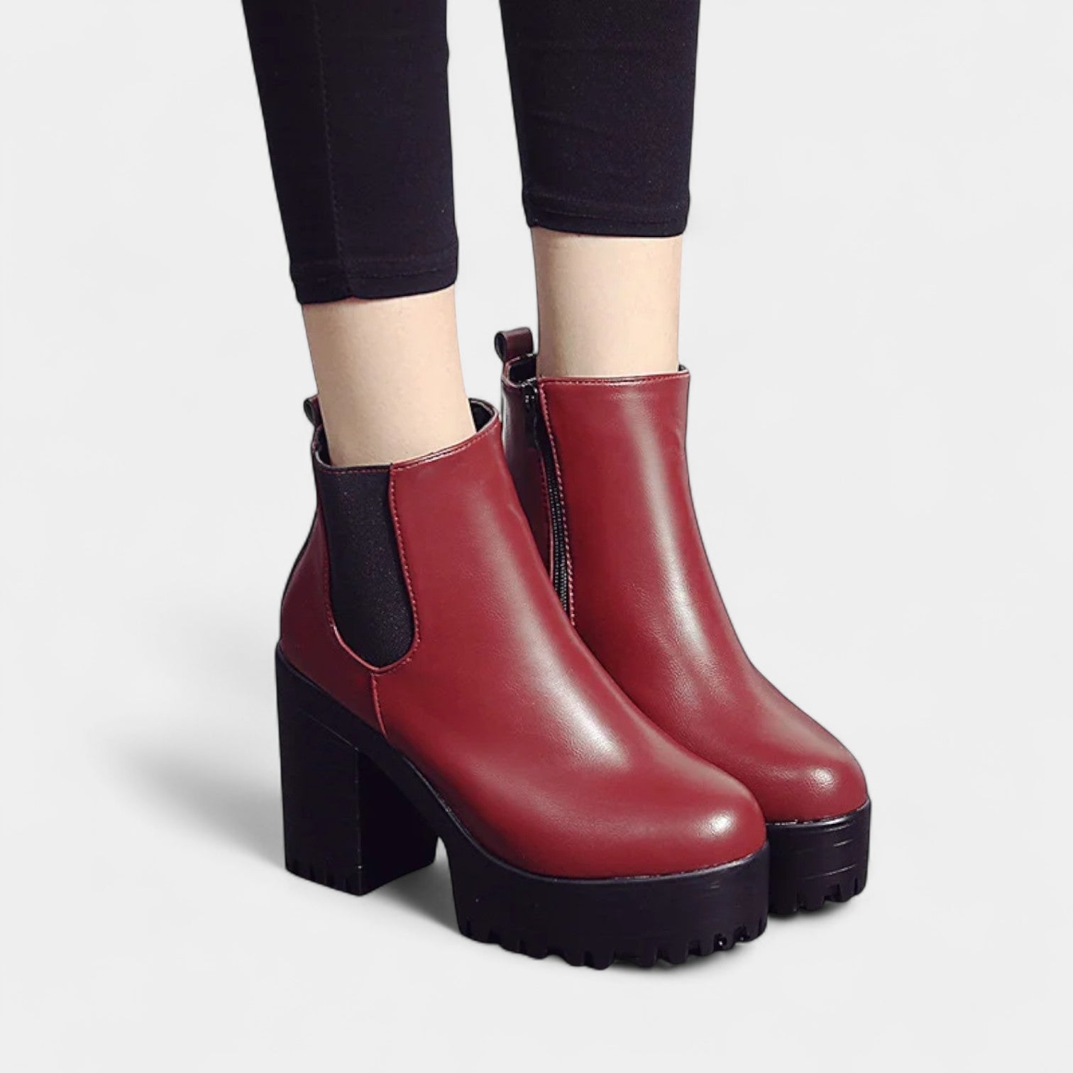 Women's Ankle Boots with Rounded Toe Block Heel Elastic Side Panel