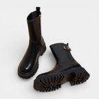 Women’s Chunky Vegan Leather Mid-Calf Boots - Buckle Detail
