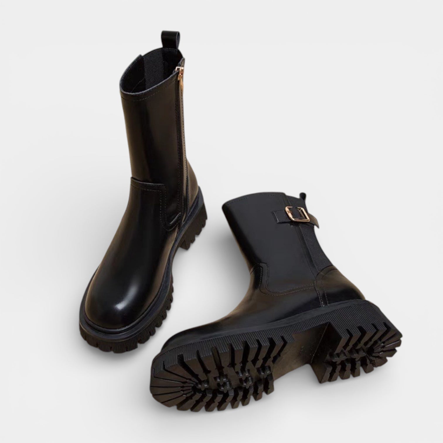 Women’s Chunky Vegan Leather Mid-Calf Boots - Buckle Detail