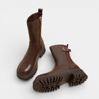 Women’s Chunky Vegan Leather Mid-Calf Boots - Buckle Detail