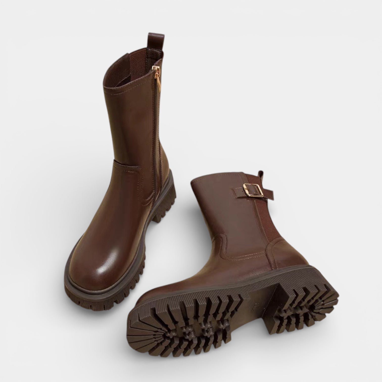 Women’s Chunky Vegan Leather Mid-Calf Boots - Buckle Detail