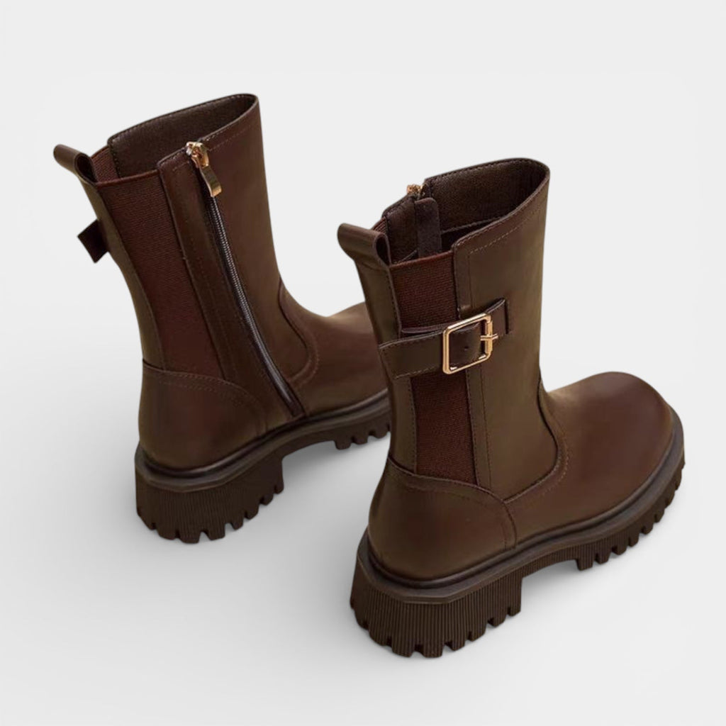 Women’s Chunky Vegan Leather Mid-Calf Boots - Buckle Detail