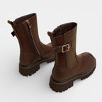 Women’s Chunky Vegan Leather Mid-Calf Boots - Buckle Detail
