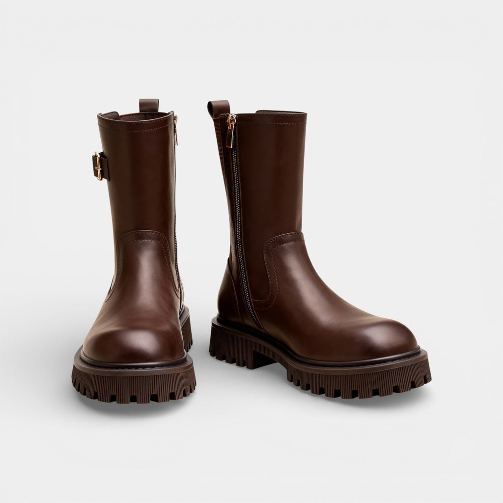 Women’s Chunky Vegan Leather Mid-Calf Boots - Buckle Detail