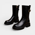 Women’s Chunky Vegan Leather Mid-Calf Boots - Buckle Detail