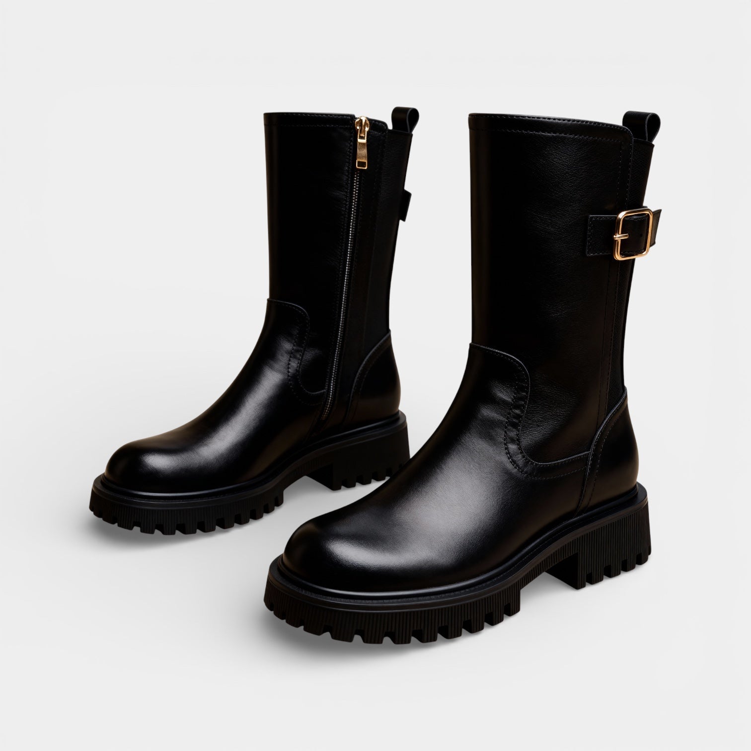 Women’s Chunky Vegan Leather Mid-Calf Boots - Buckle Detail