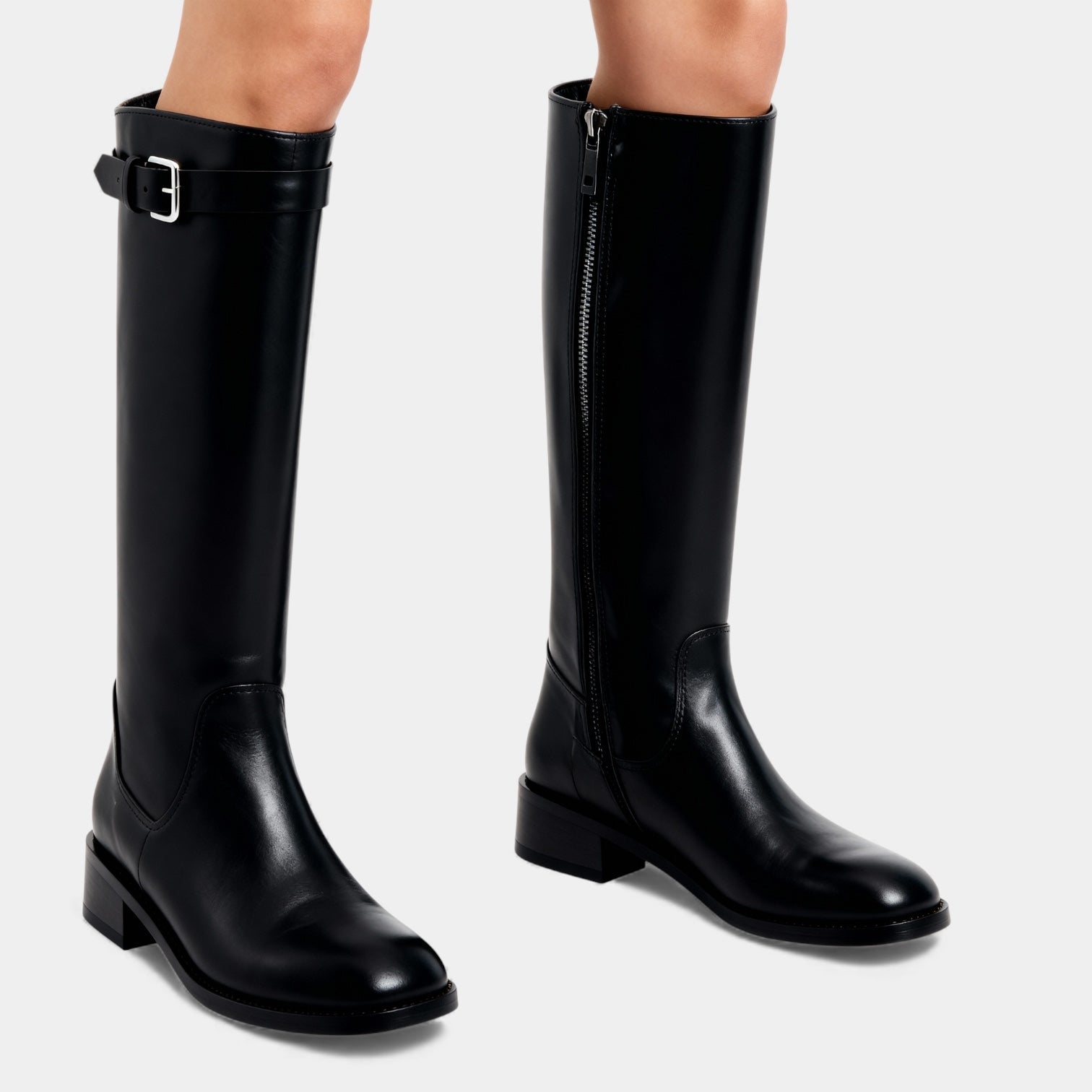 Women’s Knee High Leather Boots with Buckle Detail – Block Heel Zip Boots