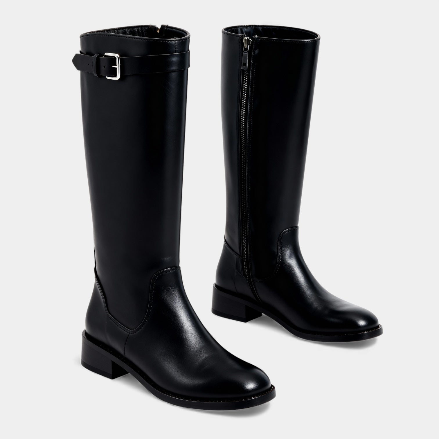 Women’s Knee High Leather Boots with Buckle Detail – Block Heel Zip Boots