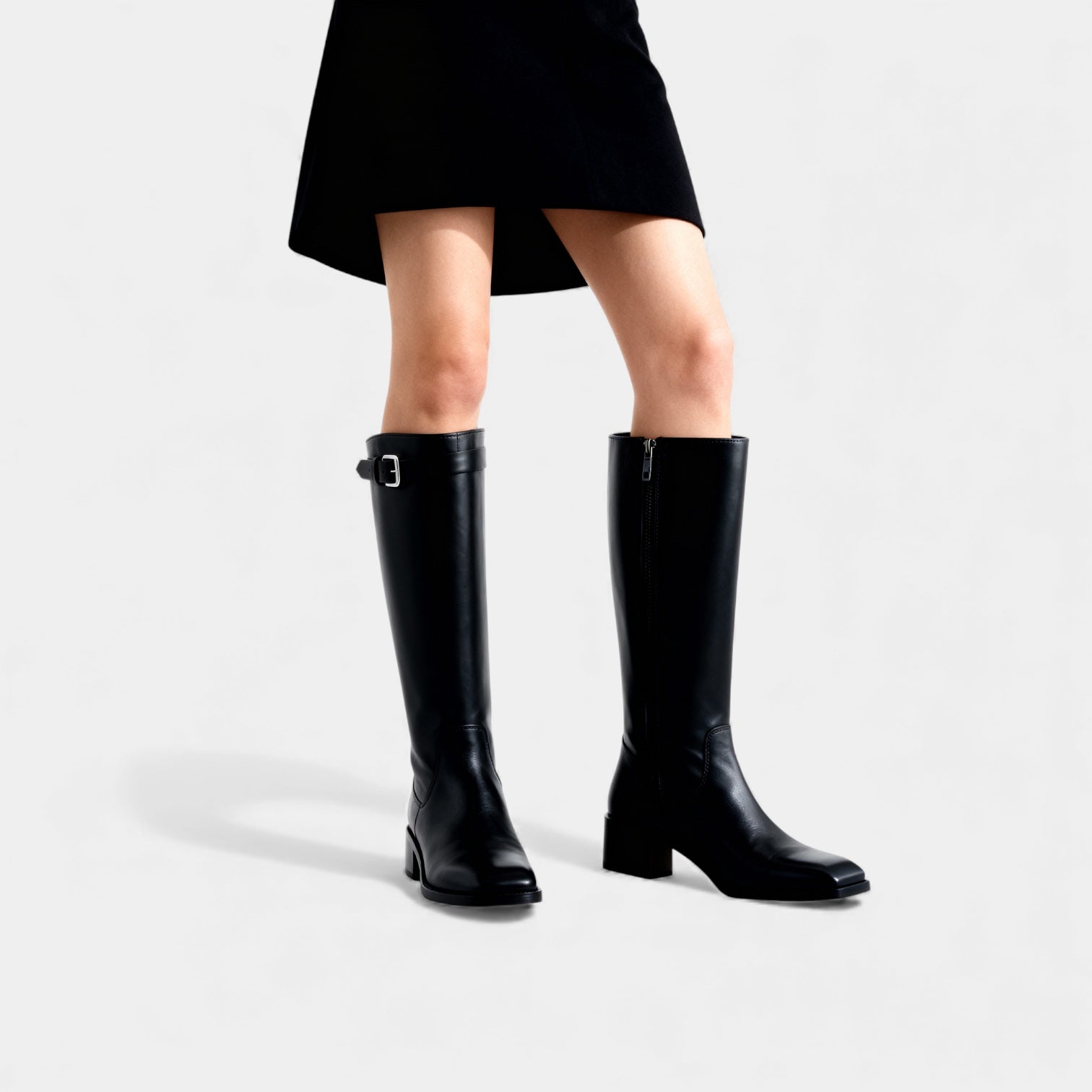 Women’s Knee High Leather Boots with Buckle Detail – Block Heel Zip Boots