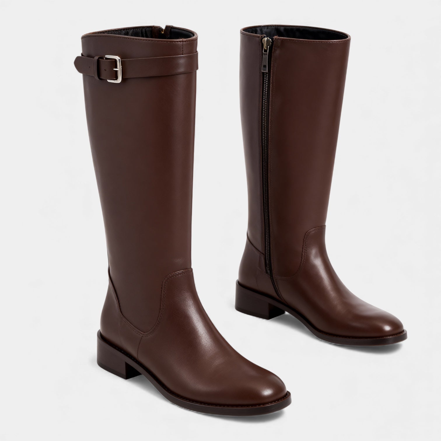 Women’s Knee High Leather Boots with Buckle Detail – Block Heel Zip Boots