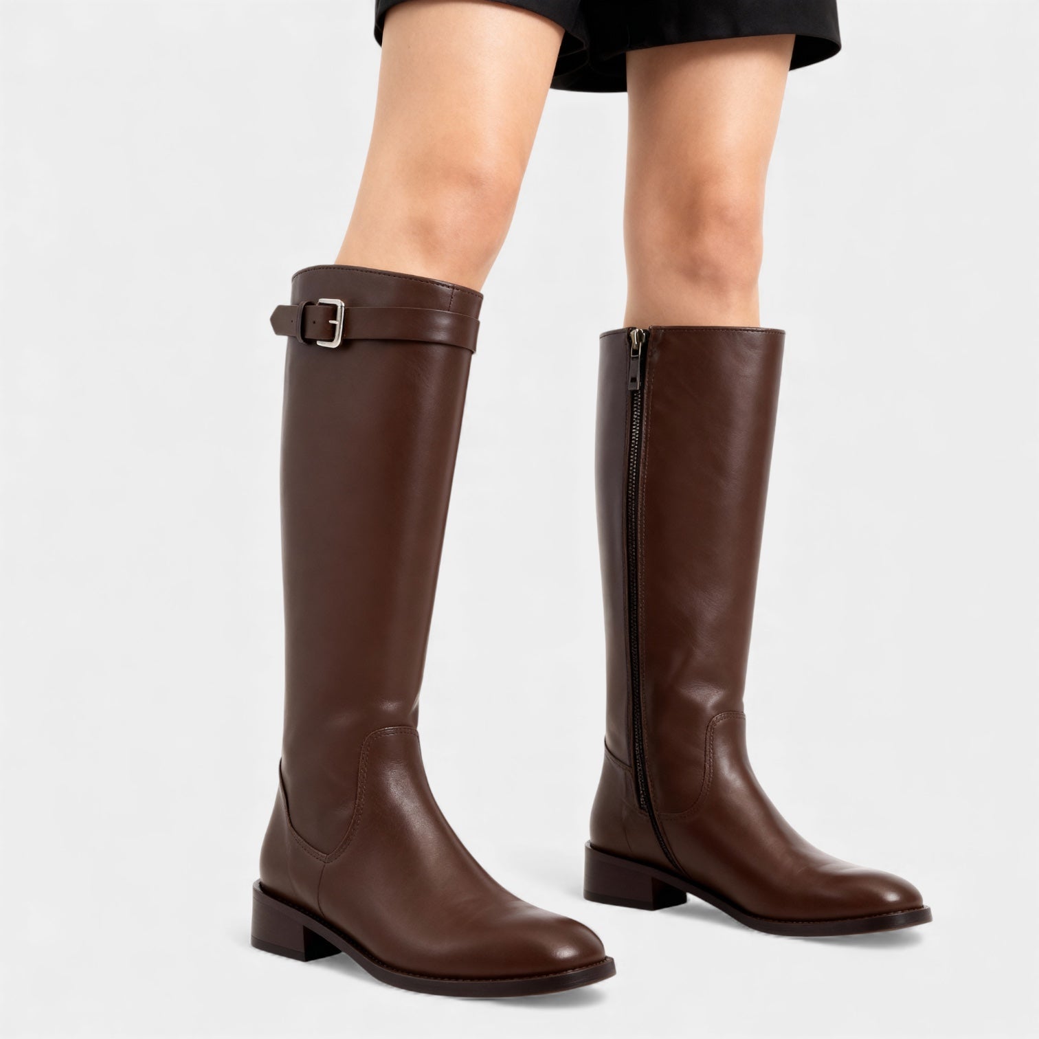 Women’s Knee High Leather Boots with Buckle Detail – Block Heel Zip Boots