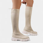 Women's Knee-High Stretch Boots with Rounded Toe and Low Block Heel