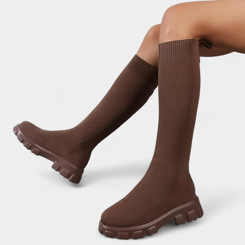 Women's Knee-High Stretch Boots with Rounded Toe and Low Block Heel