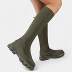 Women's Knee-High Stretch Boots with Rounded Toe and Low Block Heel