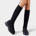Women's Knee-High Stretch Boots with Rounded Toe and Low Block Heel