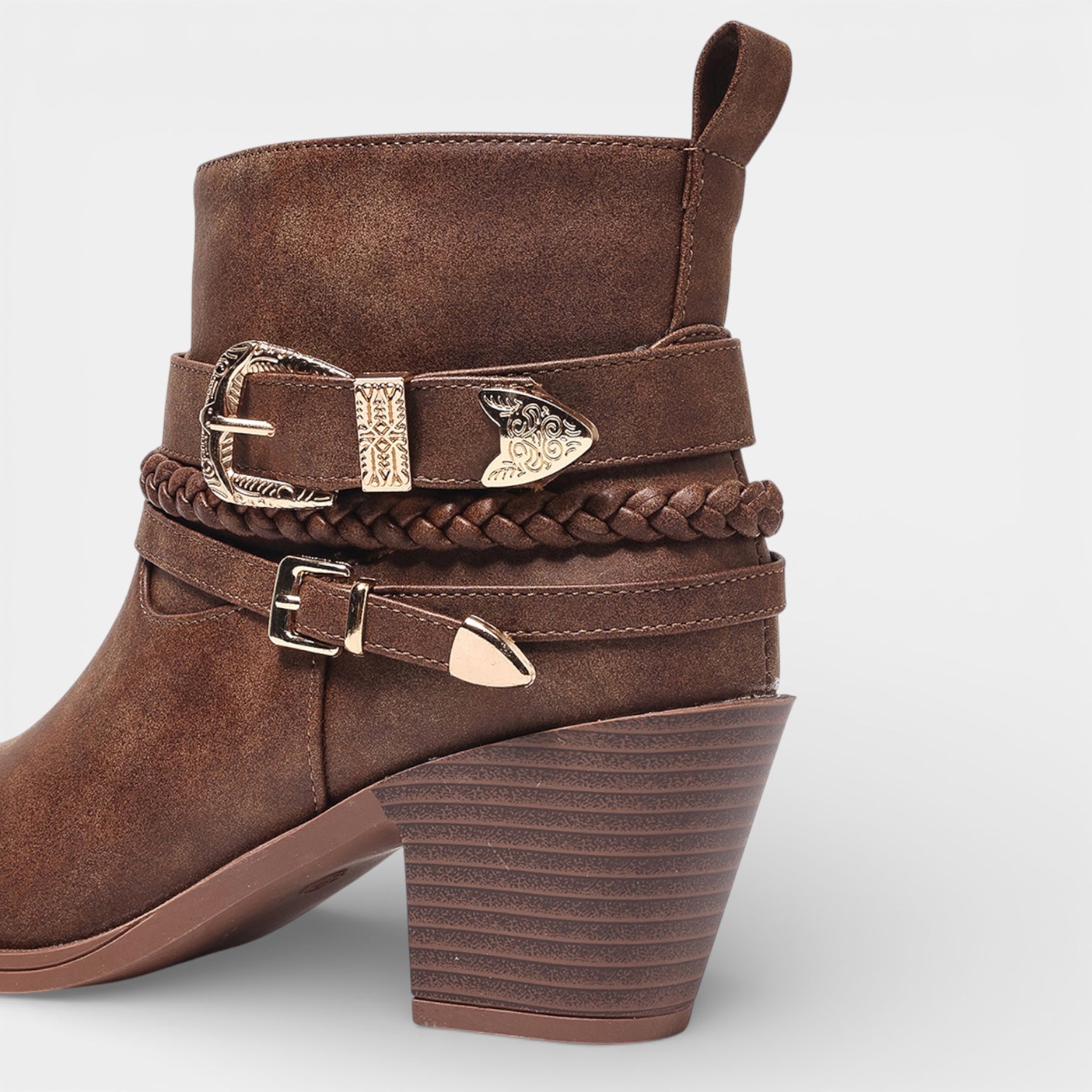 Women’s Leather Buckle Ankle Boots – Mid Heel