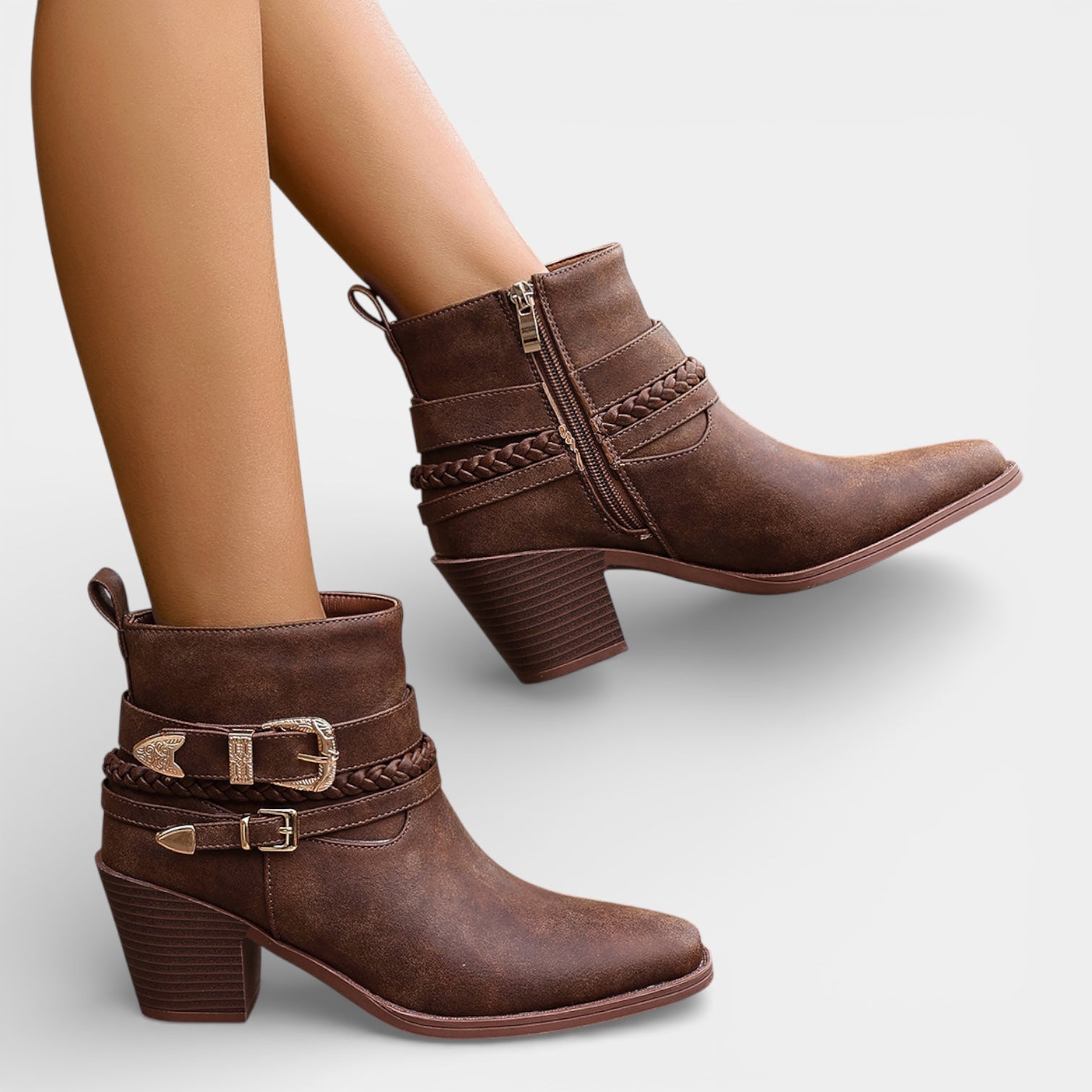 Women’s Leather Buckle Ankle Boots – Mid Heel
