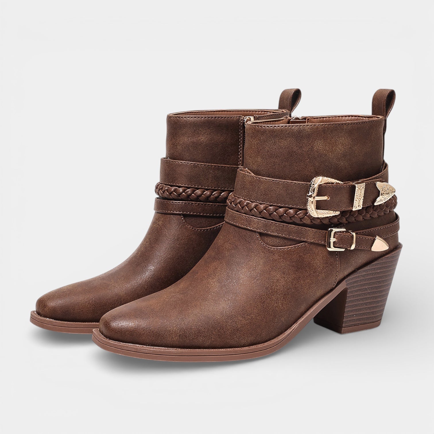 Women’s Leather Buckle Ankle Boots – Mid Heel