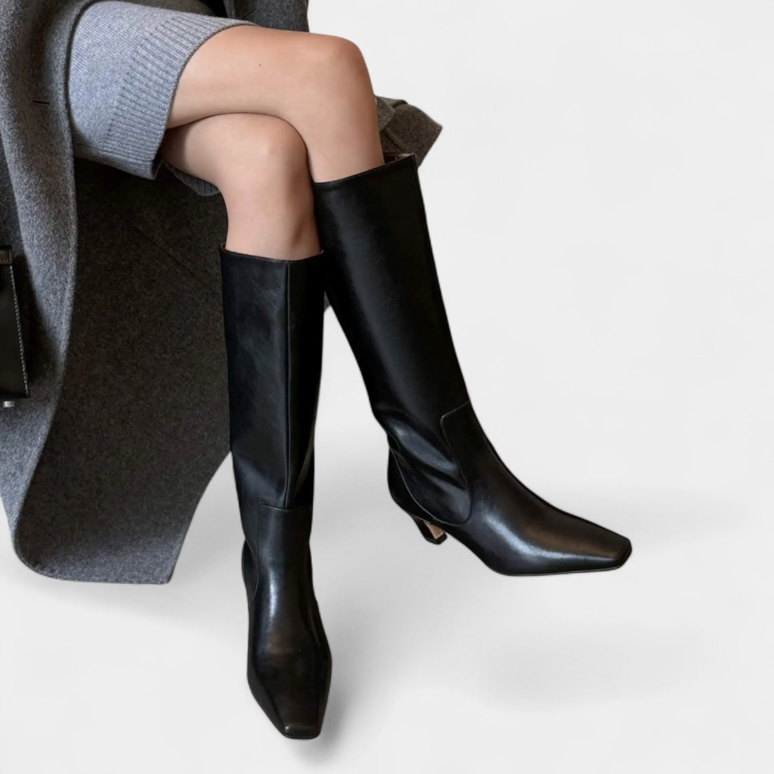 Women's Leather Knee-High Boots with Short Block Heel