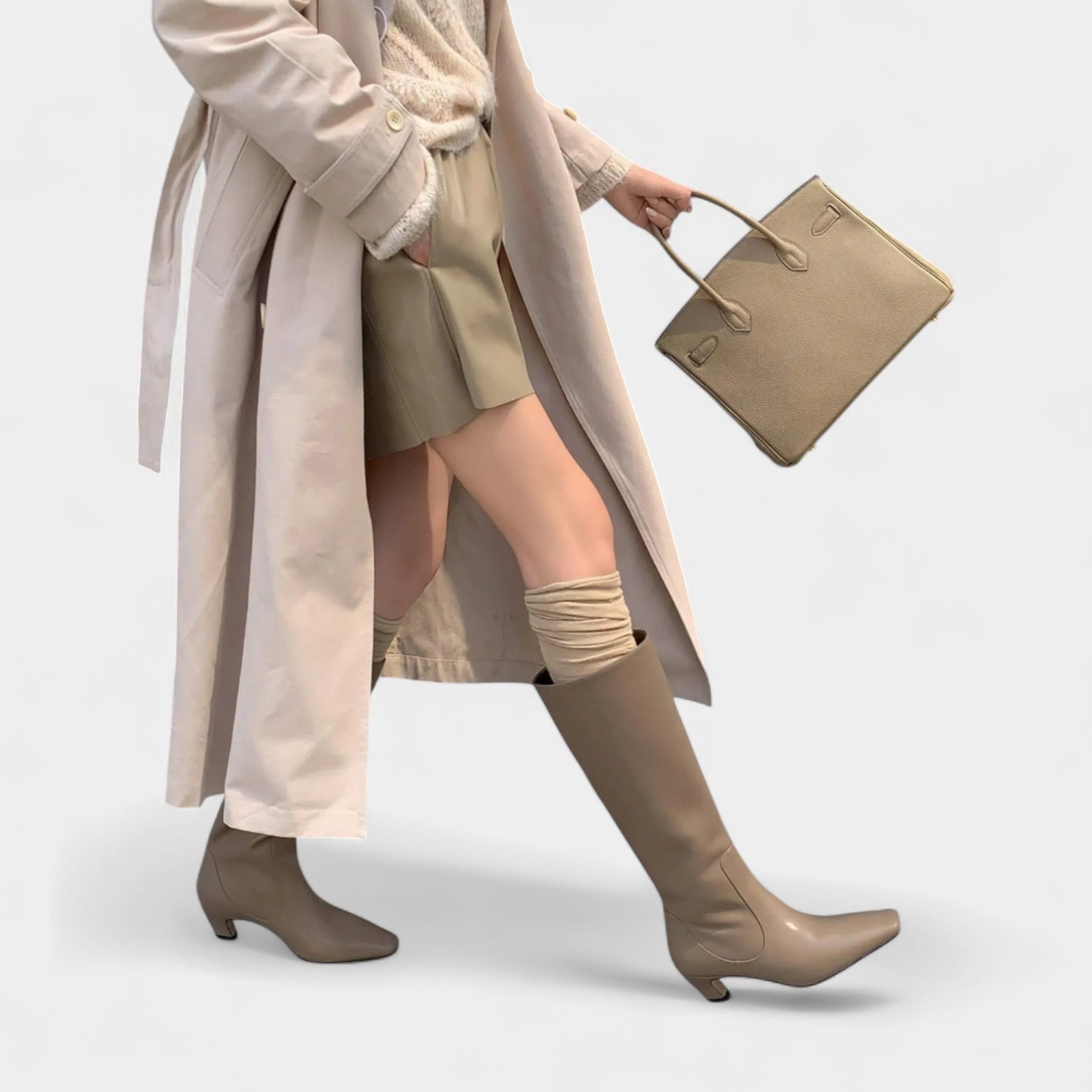 Women's Leather Knee-High Boots with Short Block Heel