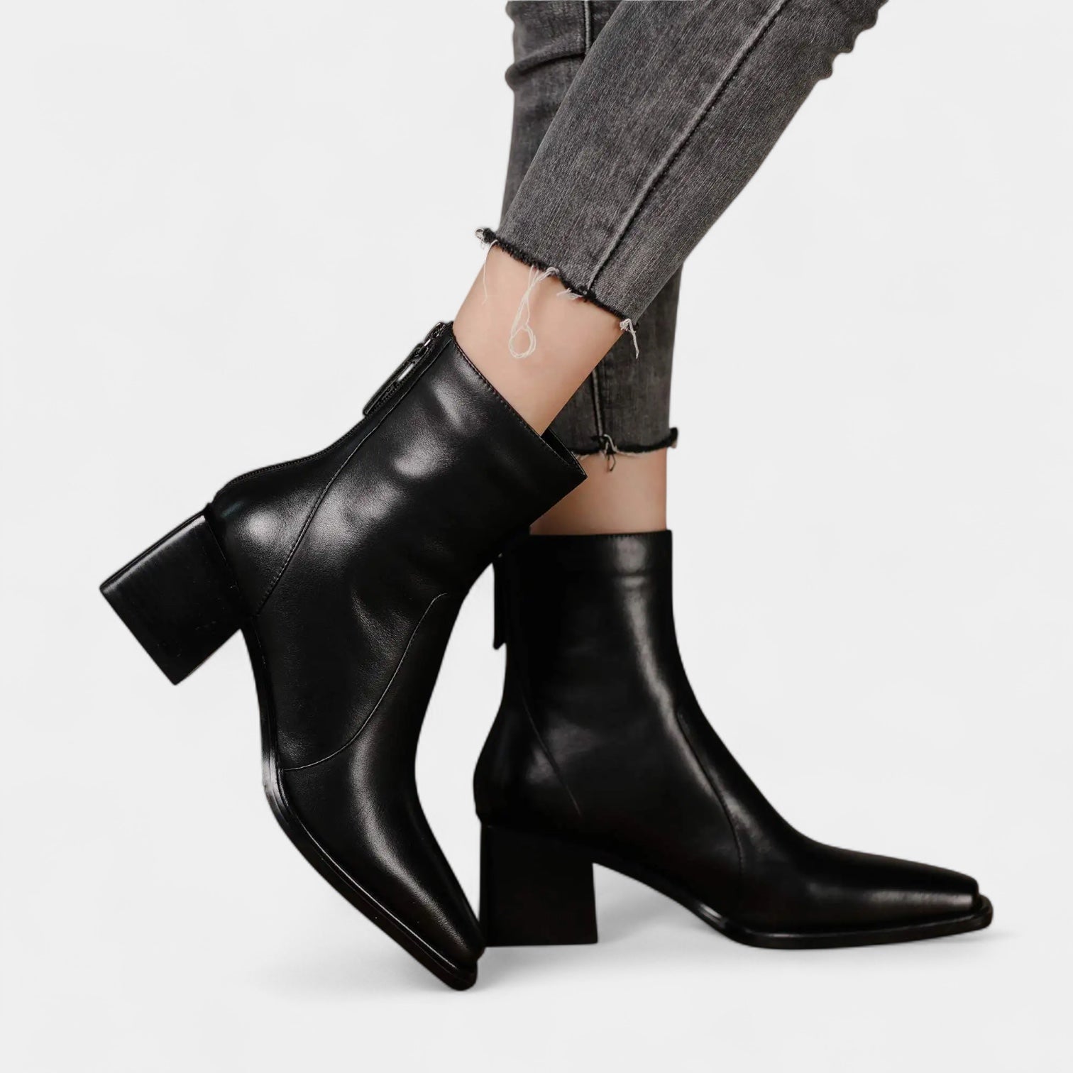 Women’s Leather Squared-Point Ankle Boots with Block Heel