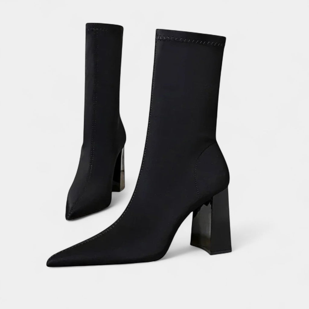 Women's Pointed-Toe Ankle Boots with Block Heel and Zig-Zag Stitching