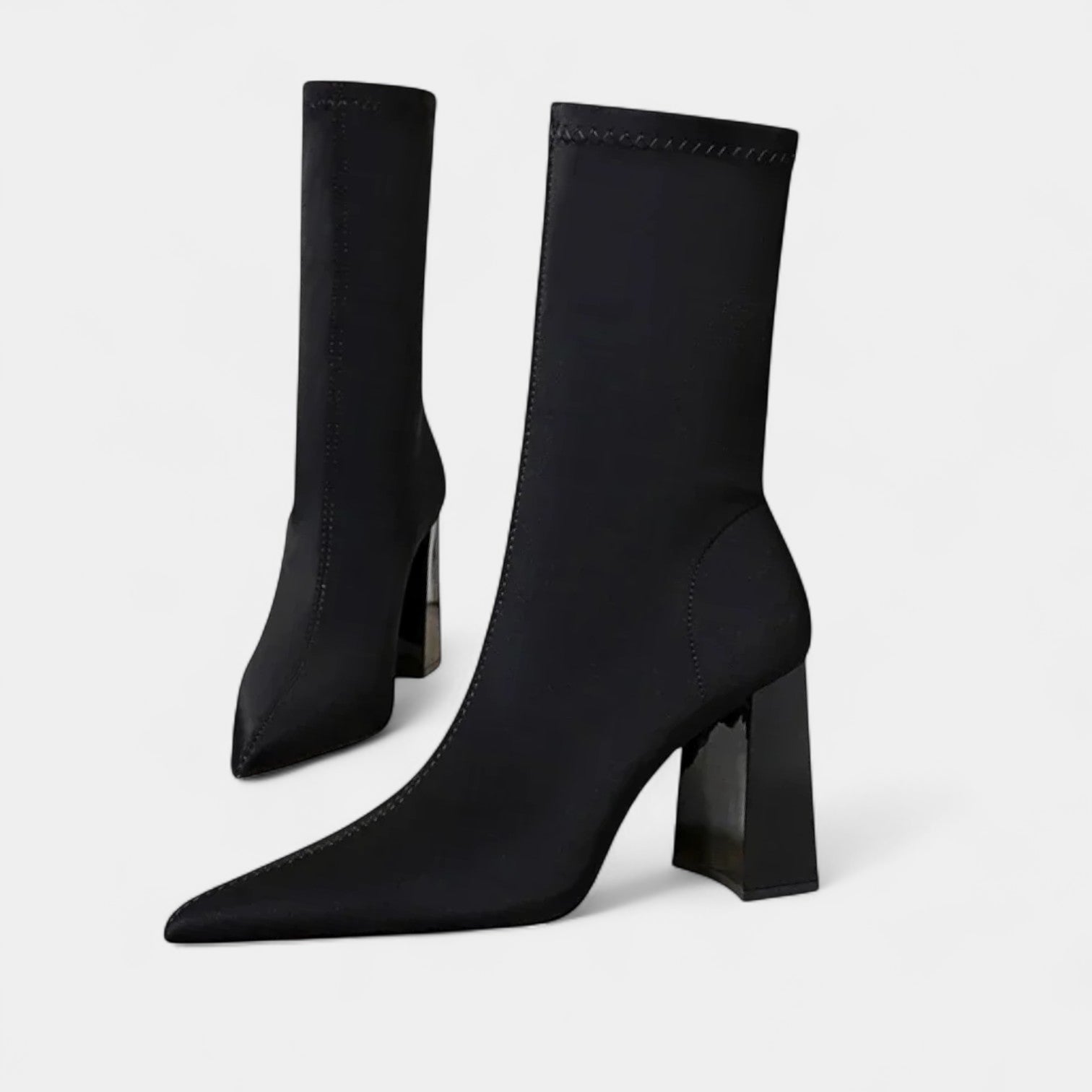 Women's Pointed-Toe Ankle Boots with Block Heel and Zig-Zag Stitching