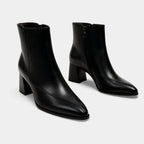Women’s Pointed Toe Faux Leather Ankle Boots – Block Heel, Side Zip