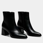 Women’s Pointed Toe Faux Leather Ankle Boots – Block Heel, Side Zip