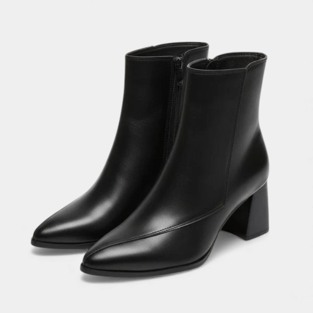Women’s Pointed Toe Faux Leather Ankle Boots – Block Heel, Side Zip