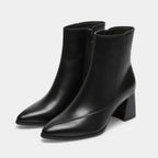 Women’s Pointed Toe Faux Leather Ankle Boots – Block Heel, Side Zip