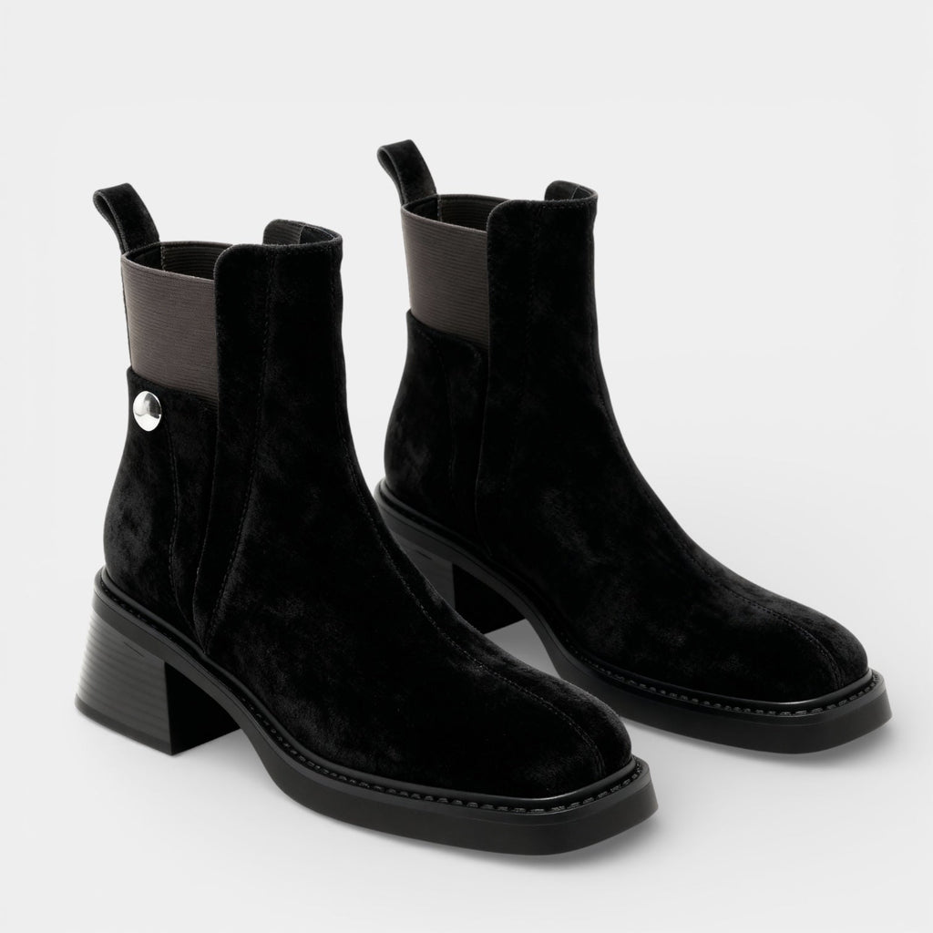 Women’s Slip On Ankle Boots Faux Suede – Block Heel Stretch