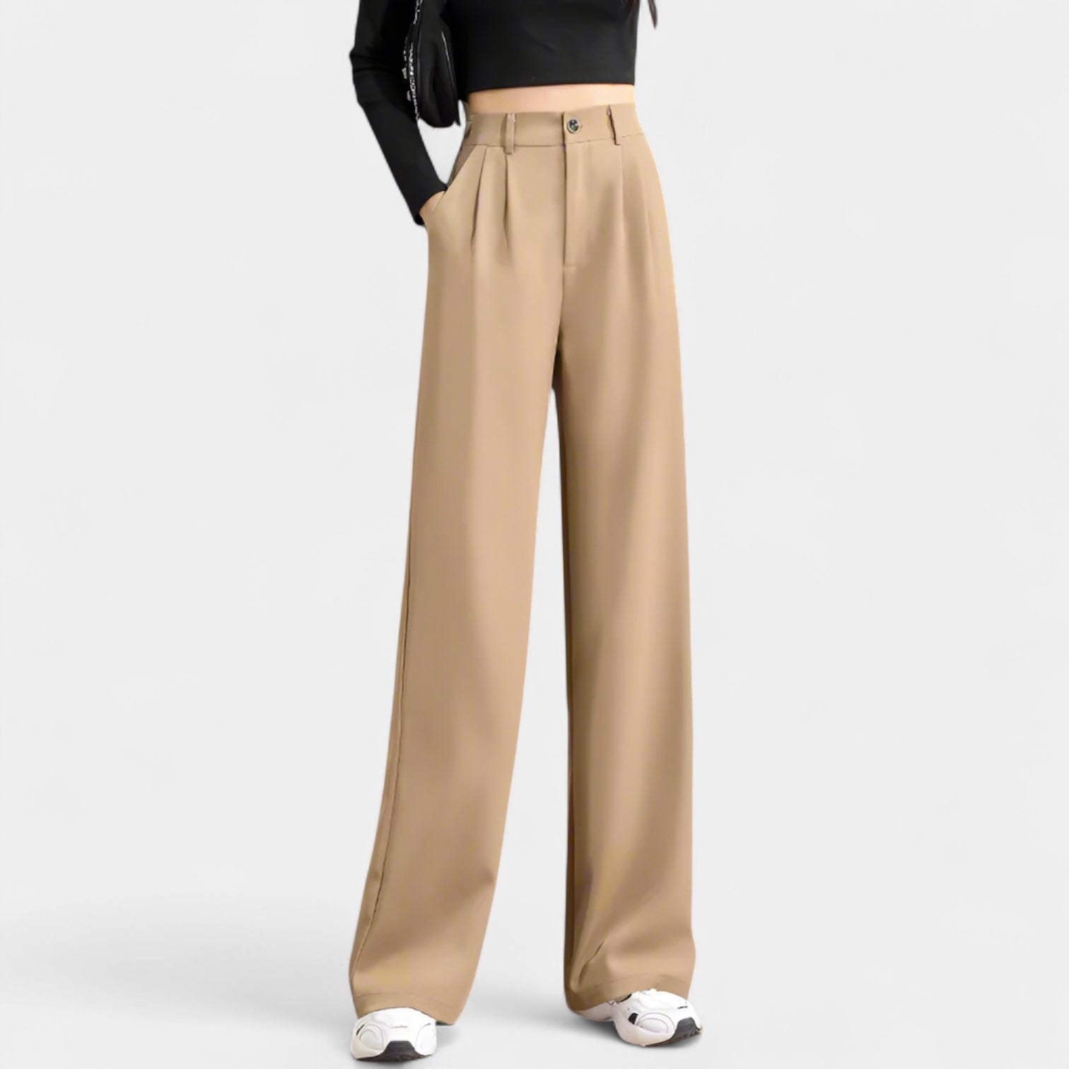 Women’s Wide-Leg Full-Length Trousers with Front Pleats and Slanted Pockets