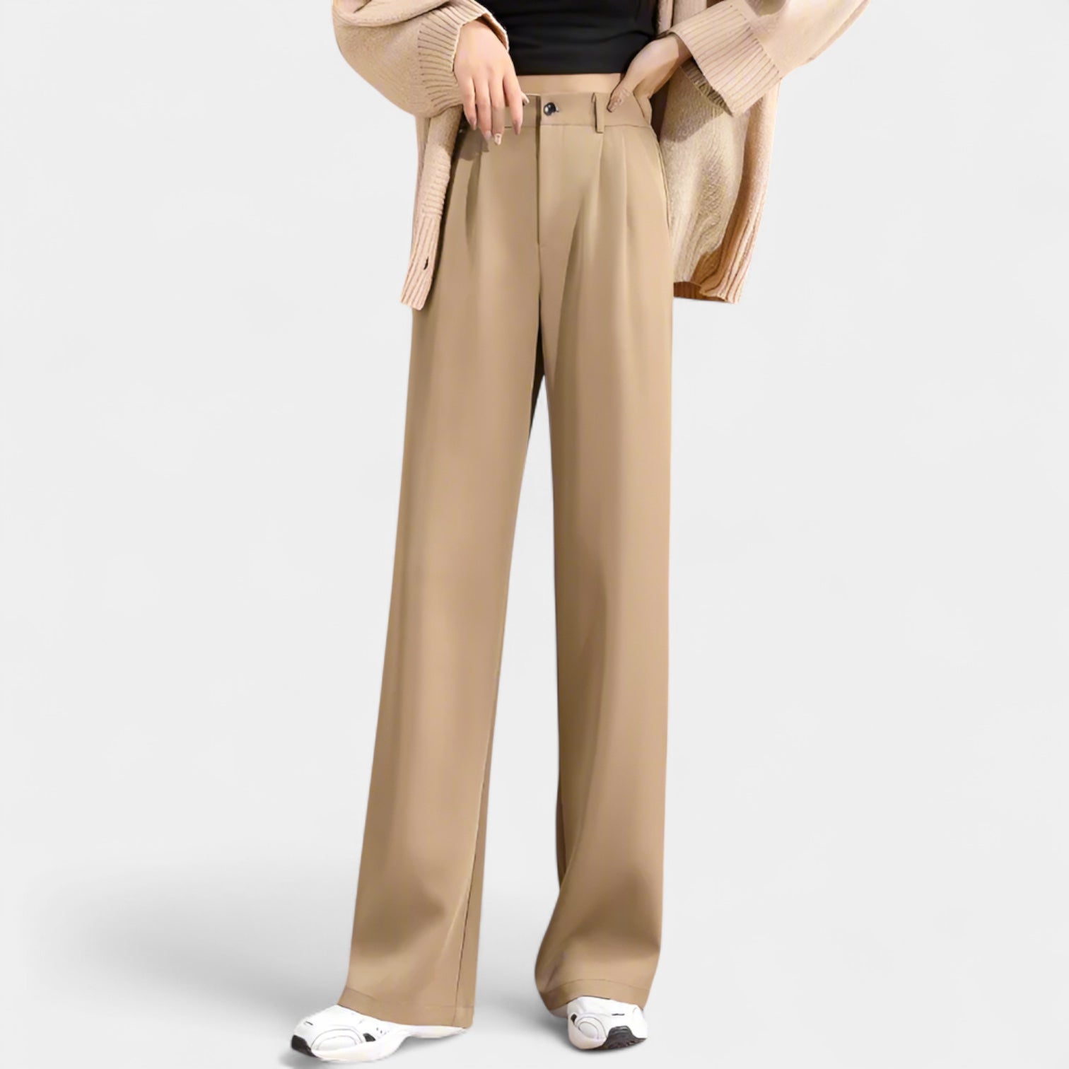 Women’s Wide-Leg Full-Length Trousers with Front Pleats and Slanted Pockets