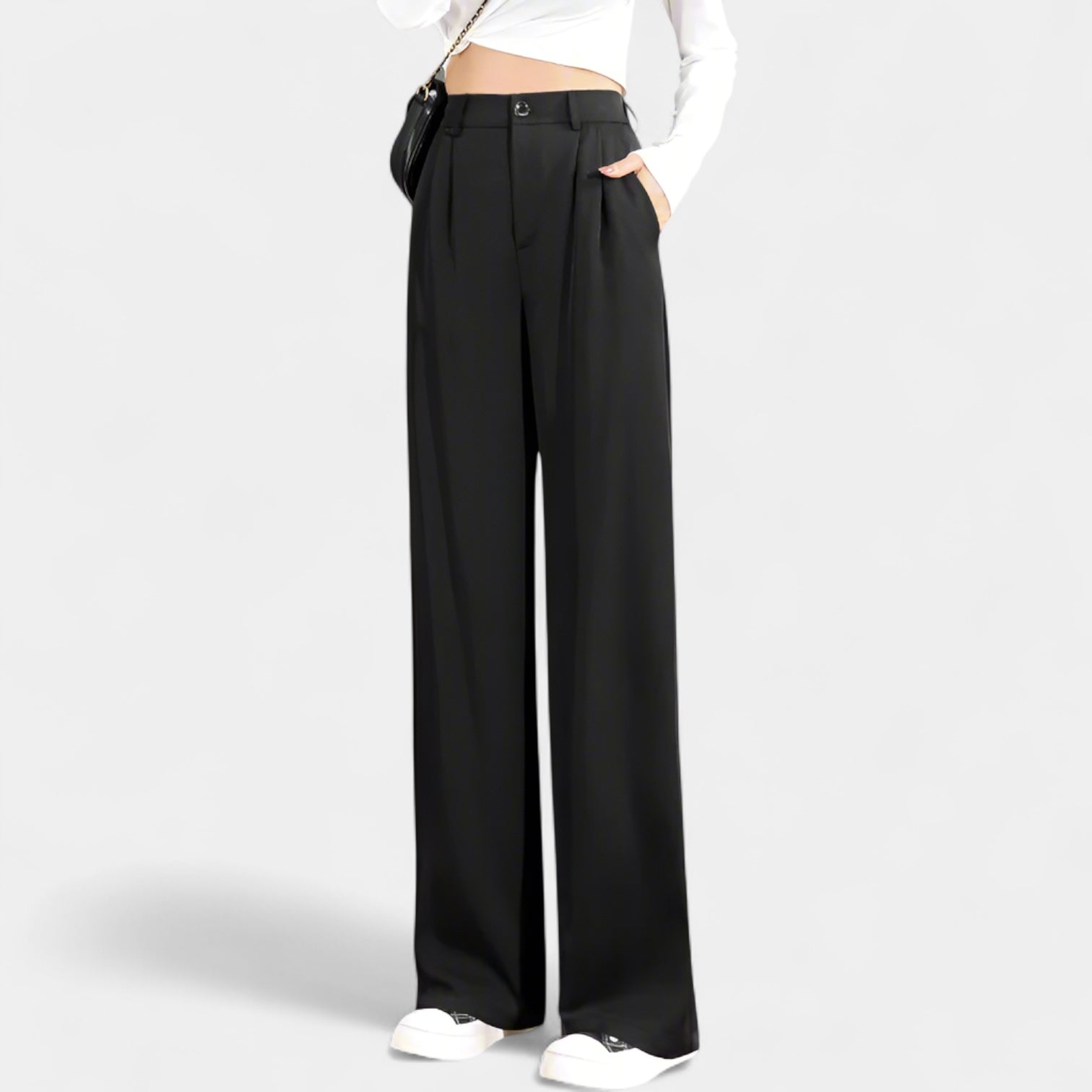 Women’s Wide-Leg Full-Length Trousers with Front Pleats and Slanted Pockets